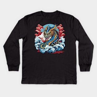 Dragon against the backdrop of a setting sun bathed in ocean waves Kids Long Sleeve T-Shirt